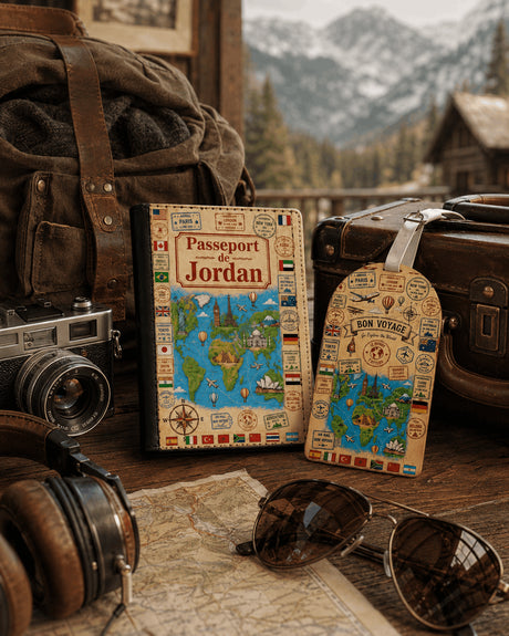 Pack voyage carte du monde housse passeport et étiquette Bon Voyage sur table avec appareil photo et carte devant chalets en montagne