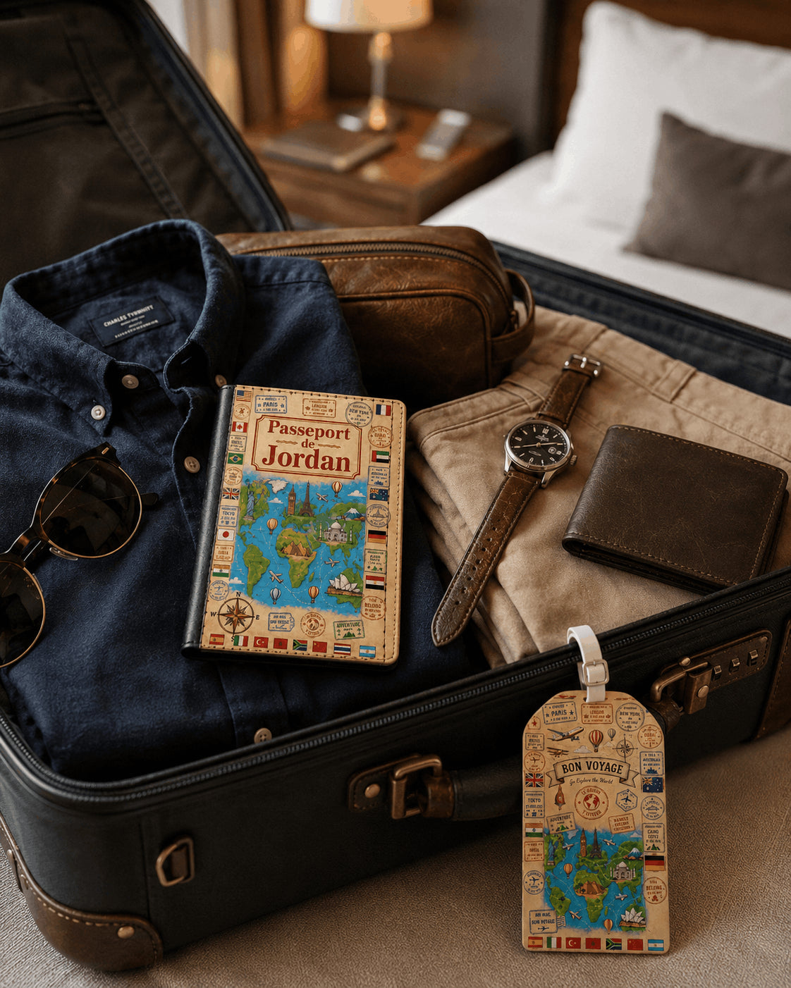 Pack voyage carte du monde housse passeport et étiquette Bon Voyage sur valise ouverte dans chambre d'hôtel