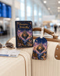 Pack voyage enfant housse passeport et étiquette bagage design féérique château enchanté sur valise en aéroport