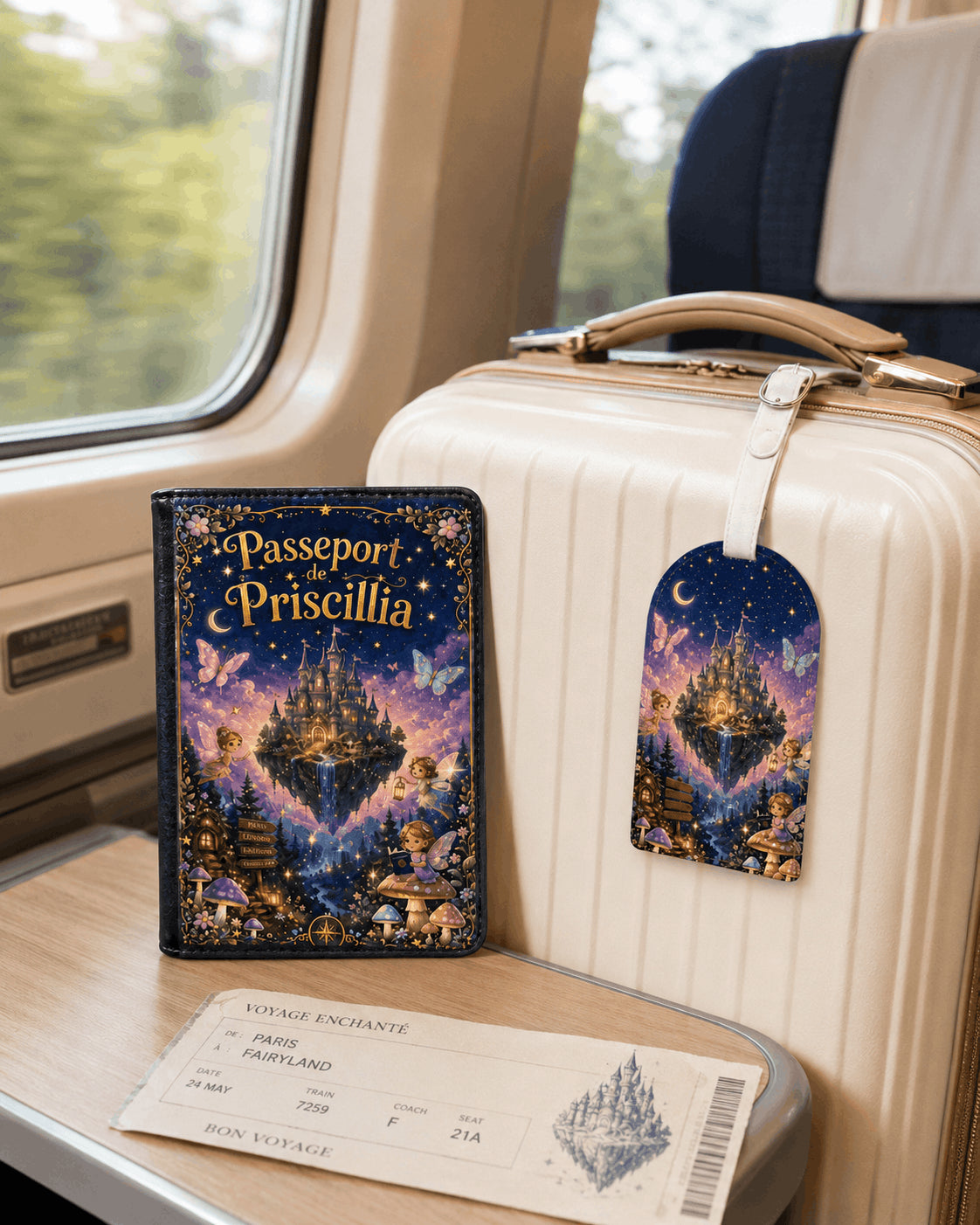 Pack voyage enfant housse passeport personnalisée et étiquette bagage monde féérique posés sur tablette de train