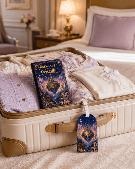 Pack voyage enfant housse passeport et étiquette bagage design féérique château enchanté sur valise ouverte dans chambre