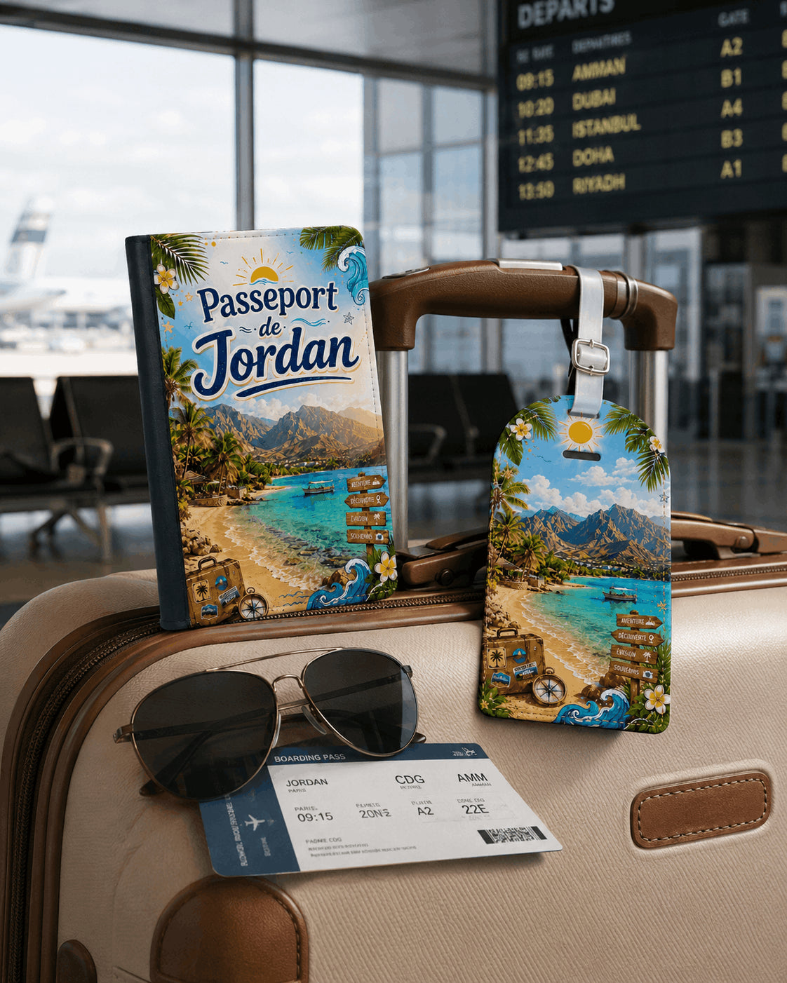 Pack voyage évasion tropicale housse passeport et étiquette bagage assortis posés sur valise en aéroport avec carte d'embarquement