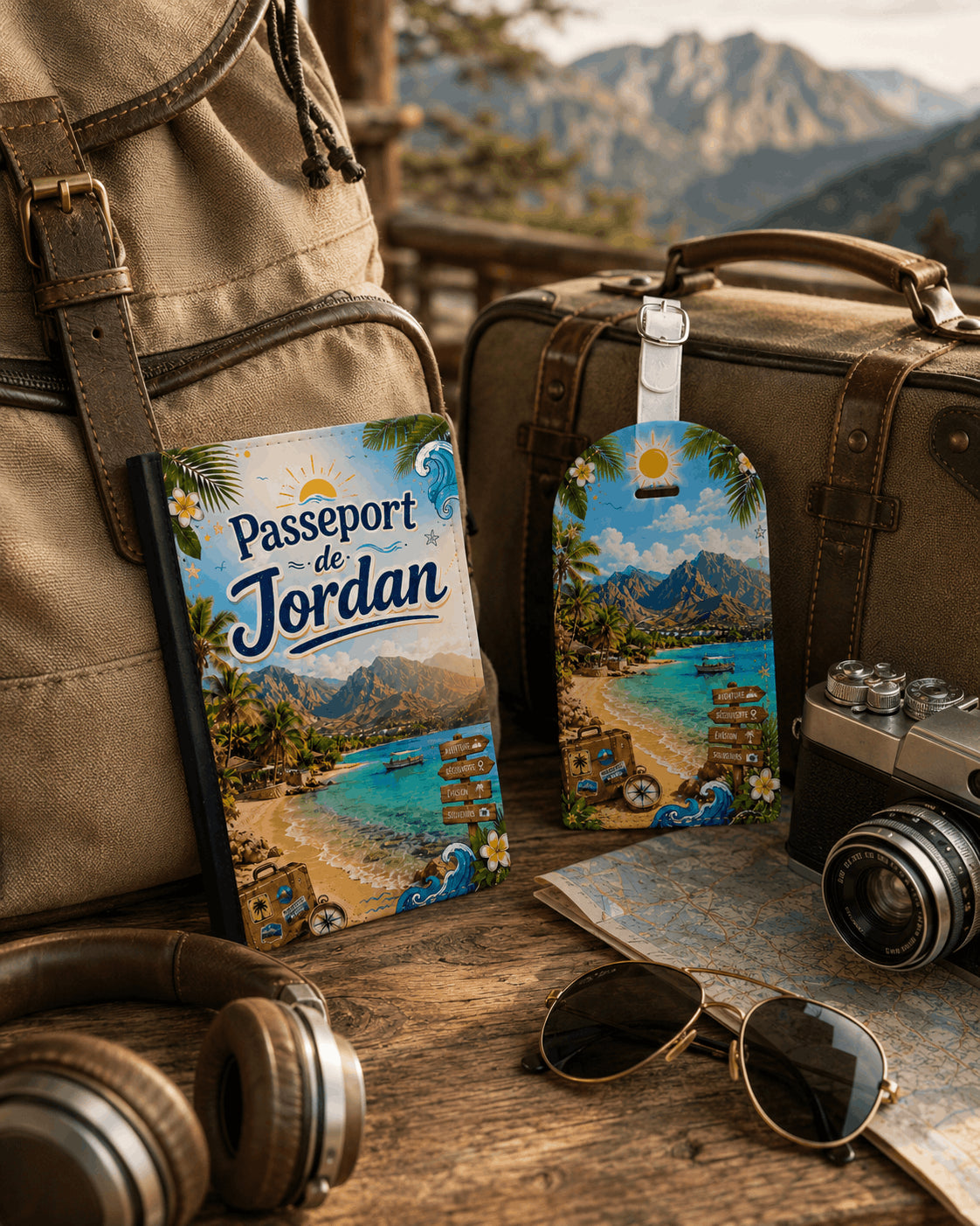 Pack voyage évasion tropicale housse passeport personnalisée et étiquette bagage assortis posés devant sac à dos et valise en montagne