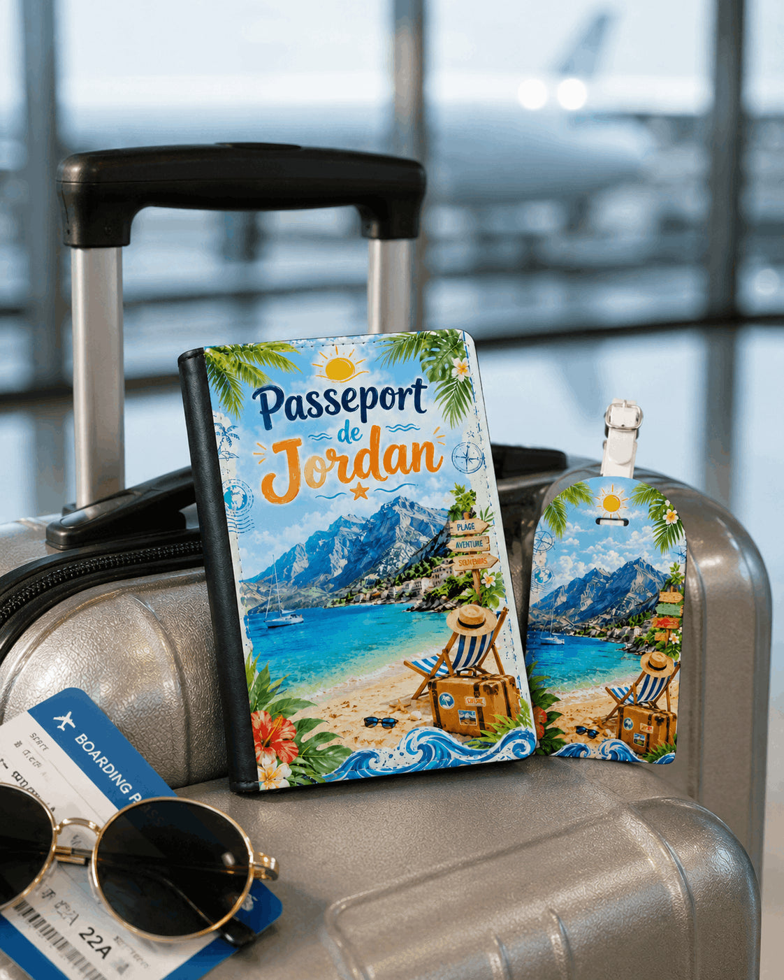 Pack voyage housse passeport et étiquette bagage design vacances plage et montagne posés sur valise en aéroport