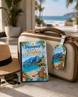 Pack voyage housse de passeport personnalisée et étiquette bagage design vacances plage posés sur valise en terrasse bord de mer