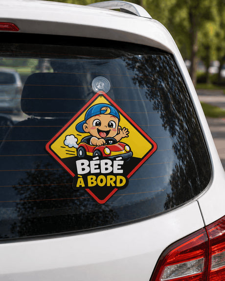 panneau bébé à bord fixé sur lunette arrière voiture blanc ventouse