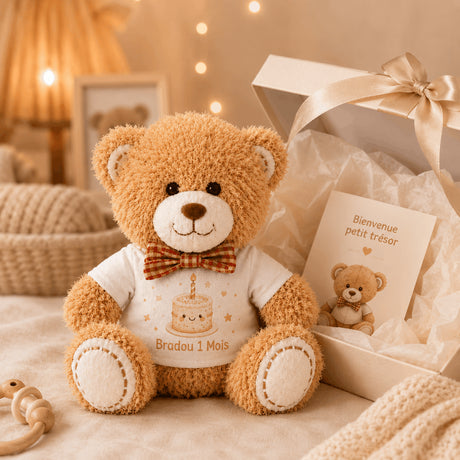 Peluche Bradou 1 mois avec coffret cadeau de naissance et carte souvenir