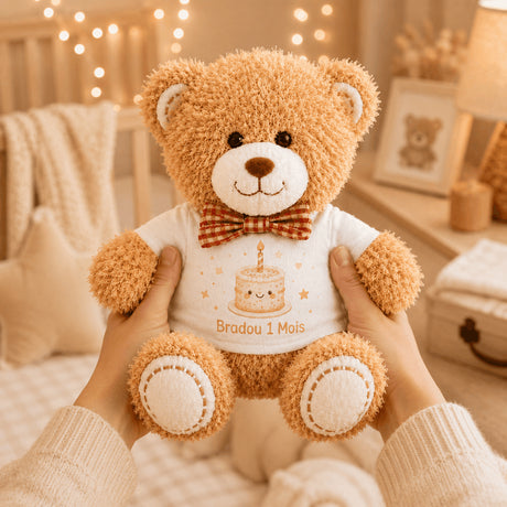 Peluche Bradou 1 mois tenue dans les mains dans une chambre bebe