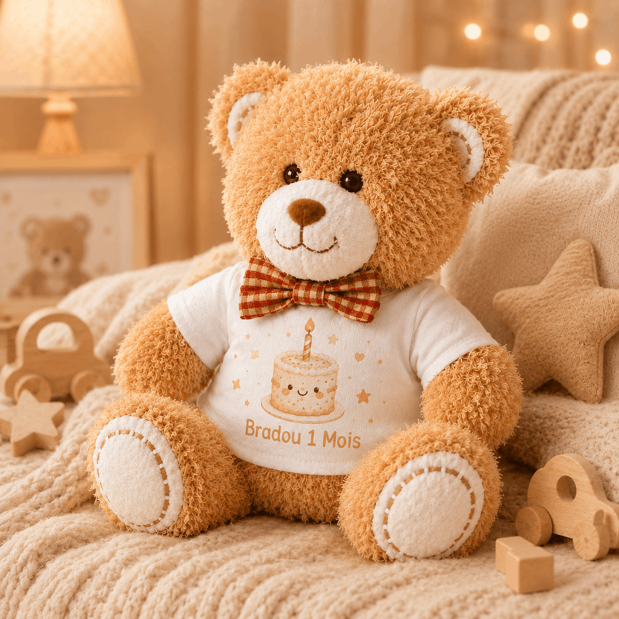 Peluche Bradou 1 mois posee sur une couverture bebe dans une ambiance douce