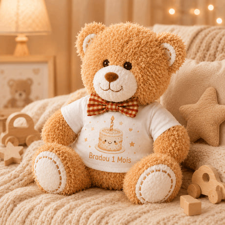 Peluche Bradou 1 mois posee sur une couverture bebe dans une ambiance douce