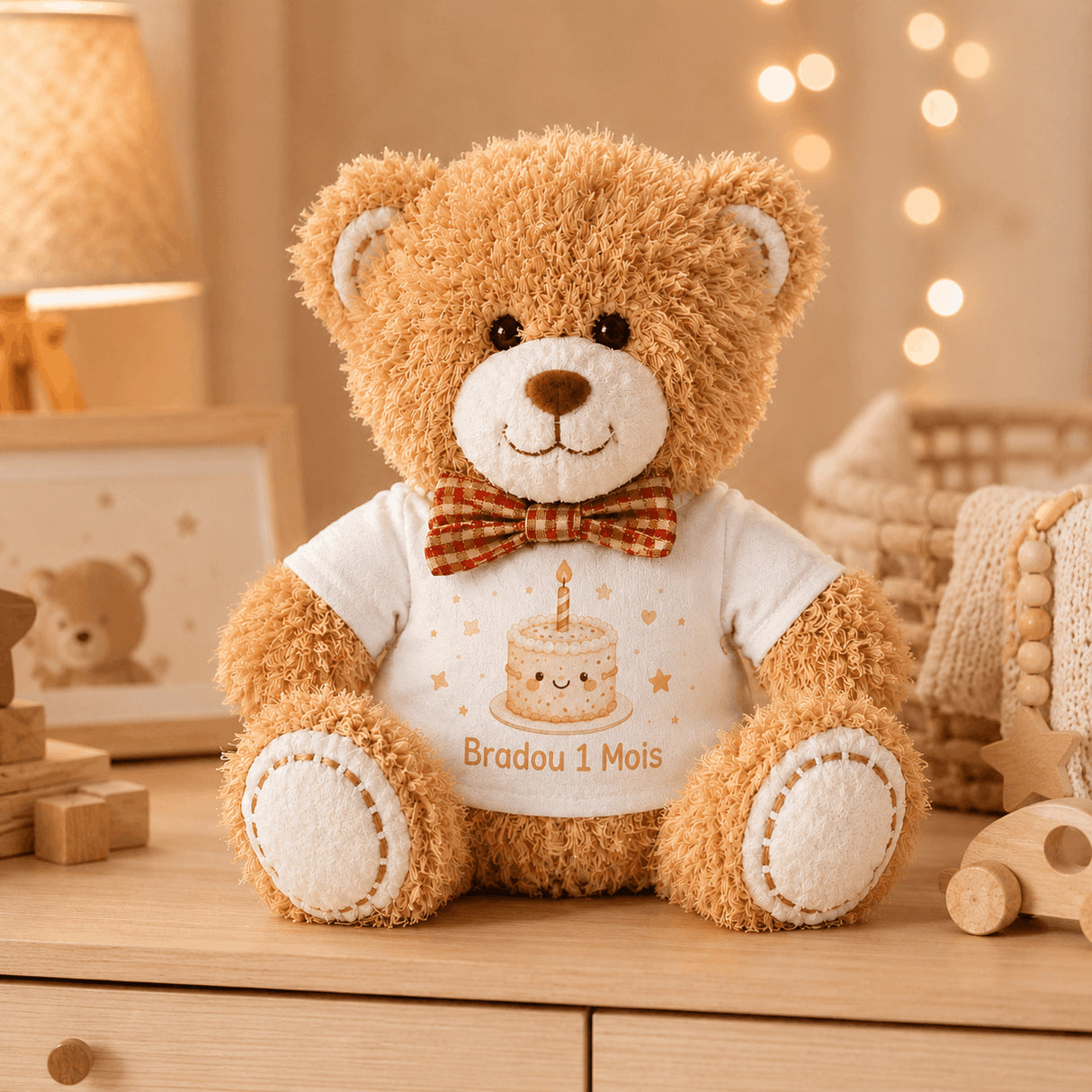Peluche Bradou 1 mois vue face dans une chambre bebe chaleureuse
