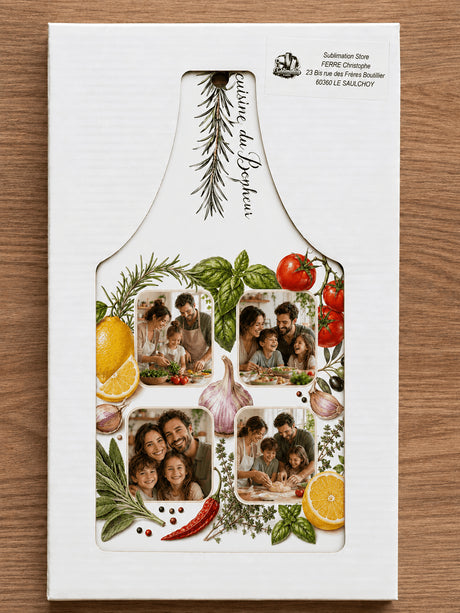 Planche à découper céramique personnalisée 4 photos dans sa boîte fenêtre cadeau