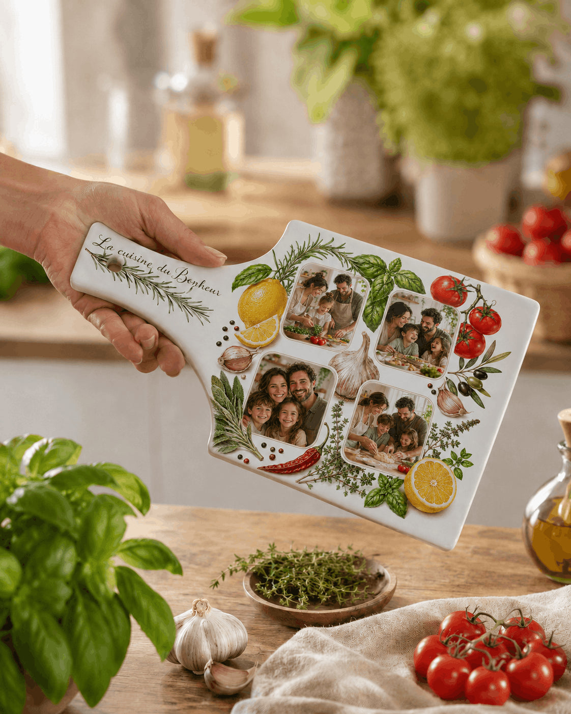 Planche à découper céramique personnalisée 4 photos tenue en main dans une cuisine