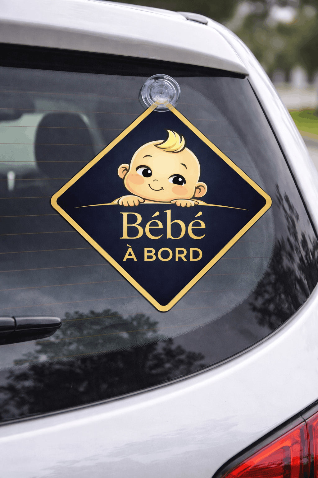 plaque auto bebe a bord bleu marine et or fixee a linterieur sur vitre arriere de voiture