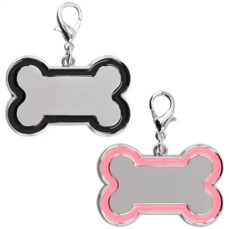 Plaque d'identification animaux forme os en zamak disponible en noir et rose avec mousqueton argenté