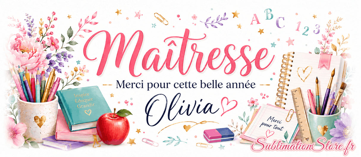 Design aquarelle fleuri du pot à crayons maîtresse – pivoines, lavande, étoiles dorées et prénom Olivia personnalisé