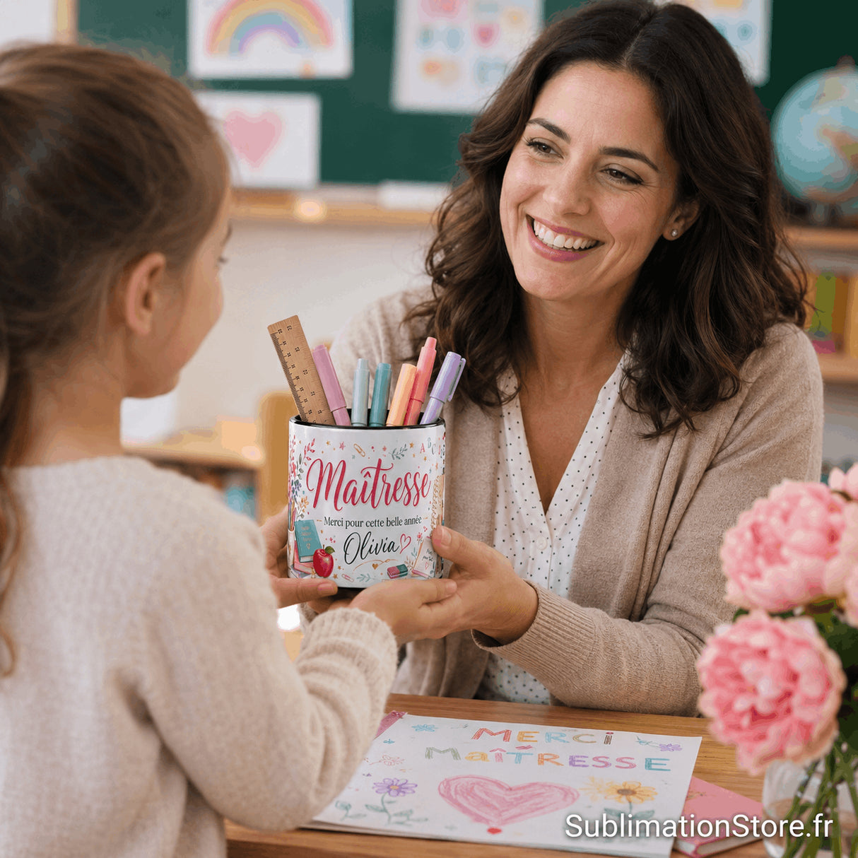 Pot à crayons maîtresse fleuri personnalisé remis par une élève à son enseignante souriante dans une salle de classe
