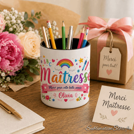 Pot à crayons maîtresse personnalisé posé sur un bureau avec bouquet de fleurs roses et paquet cadeau kraft