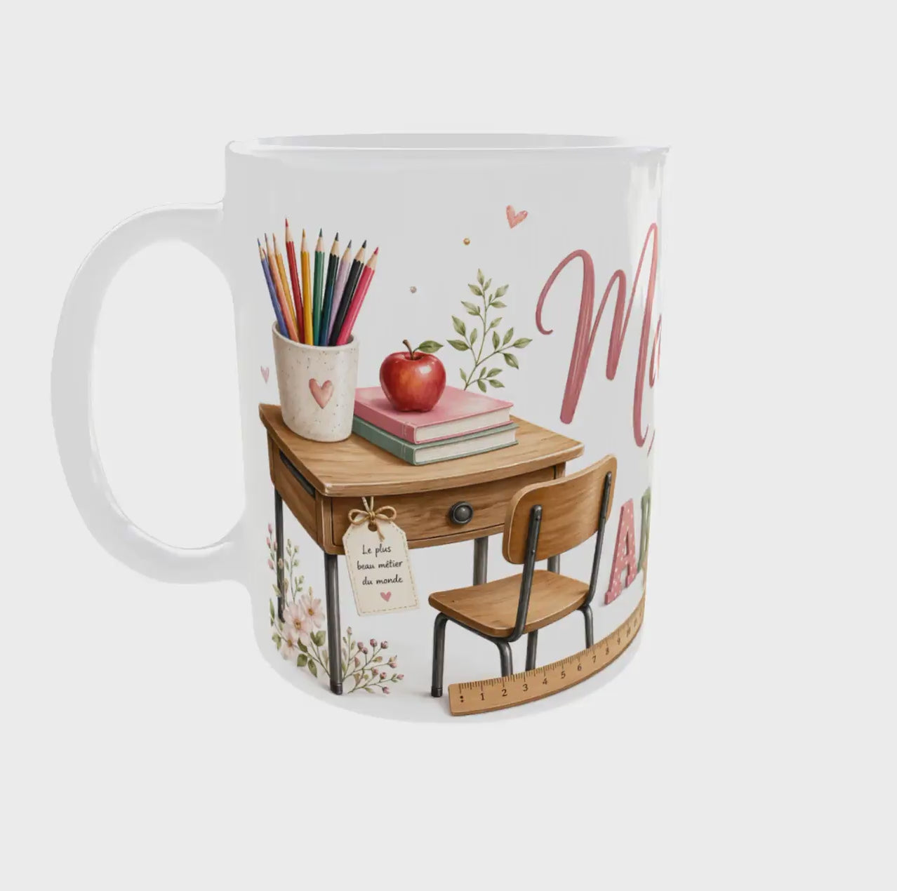Mug personnalisé maîtresse design complet, vue 360° fond blanc