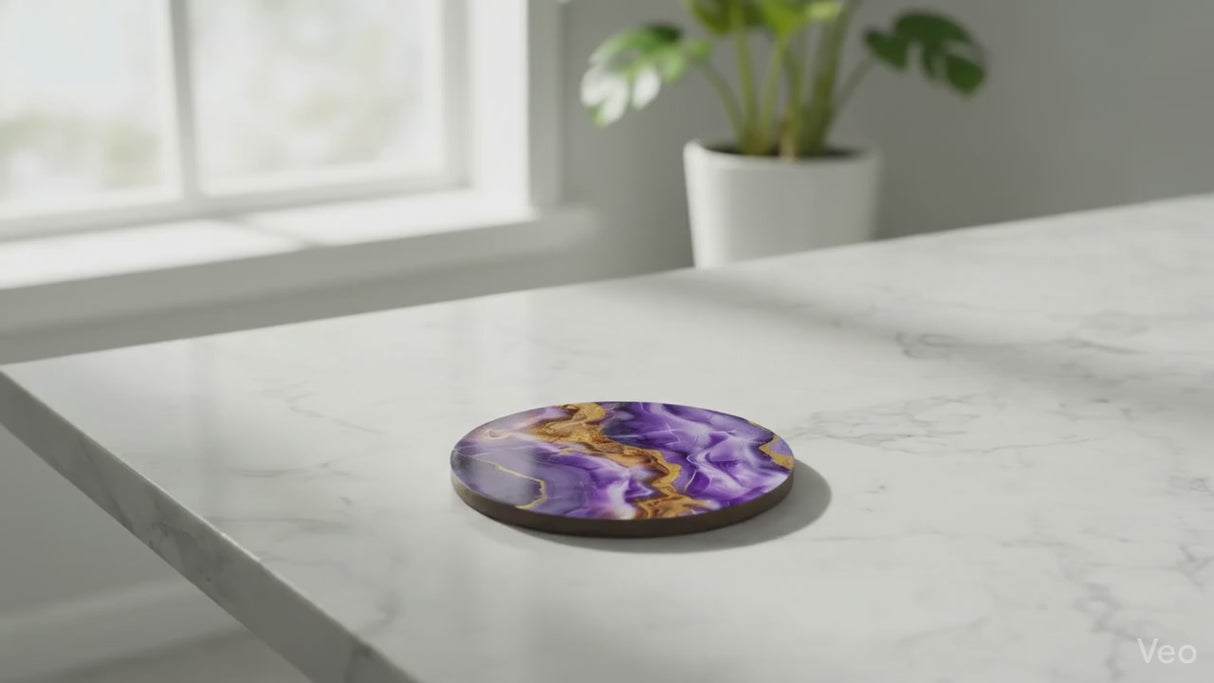 Dessous de Verre Rond Bois & Liège – Agate Violet & Or (9 cm) Vidéo – Sublimation Premium Sublimation Store