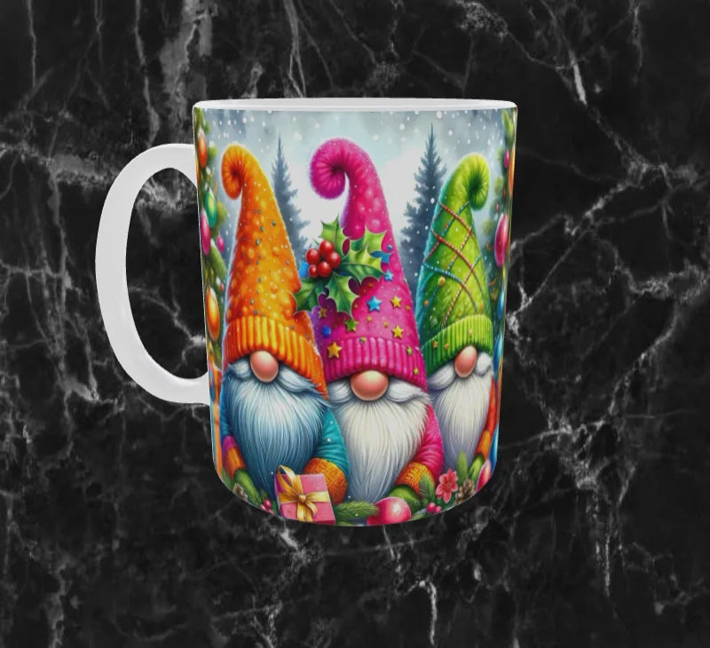 🎁Mug Sublimation – Gnomes de Noël Colorés & Sapin Festif