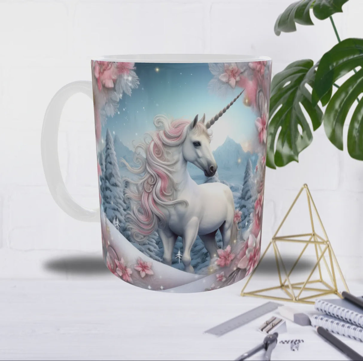 Mug Licorne Hivernale – Sublimation Paysage Enneigé & Fleurs Roses (11oz)