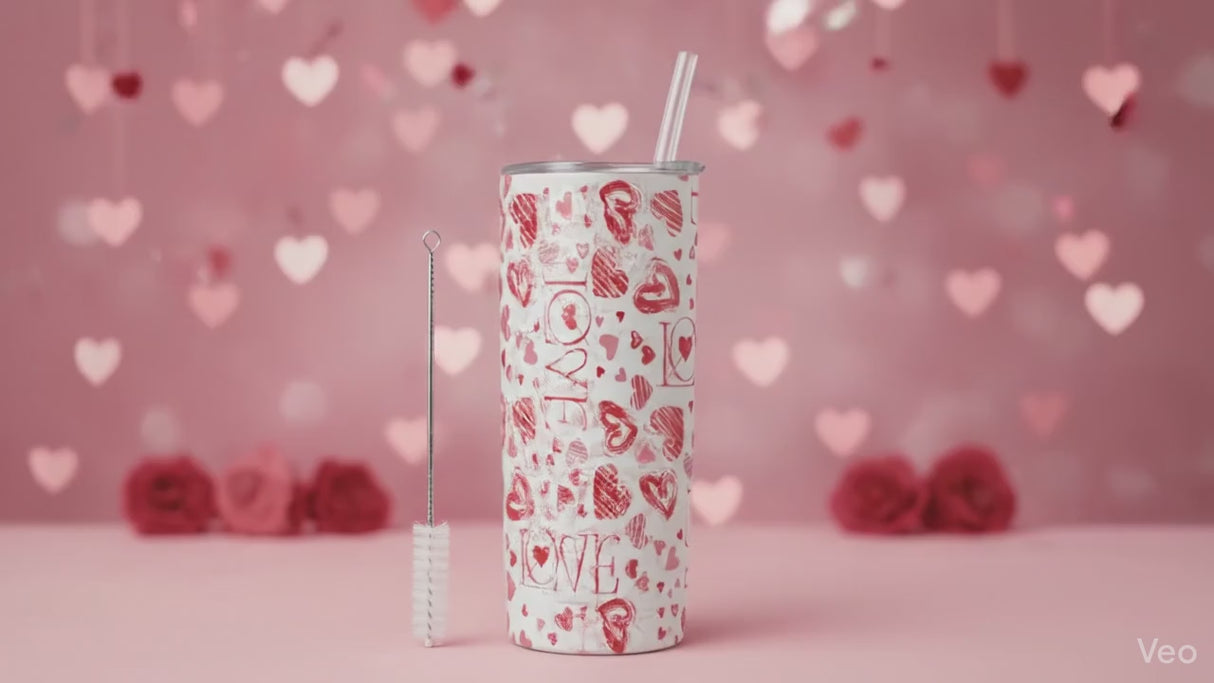 Tumbler isotherme LOVE et cœurs rouges – 20 oz (591 ml)