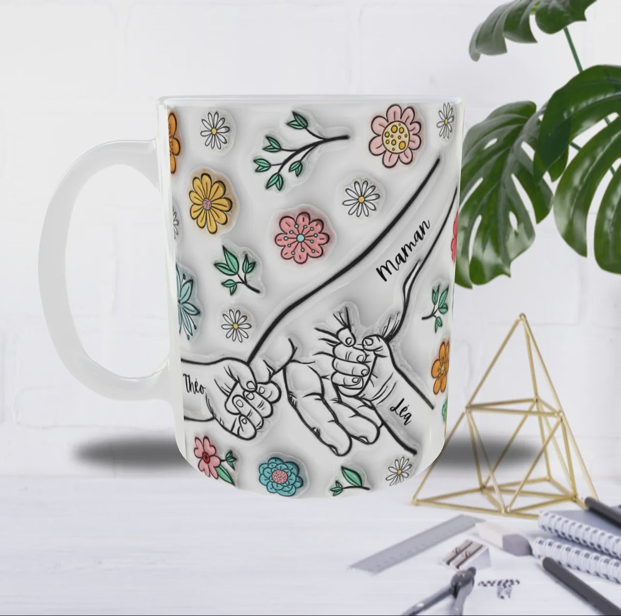Mug Personnalisé “Main dans la Main” – Texte (Maman/Papa…) & 2 Prénoms au Choix – Sublimation Fleurie
