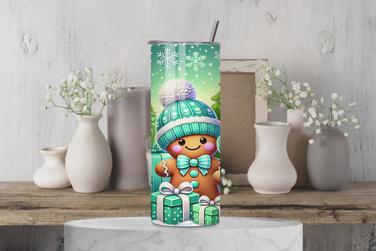 Tumbler Isotherme 20 oz (591 ml) “Pain d’Épice de Noël” – Sublimation HD – Paille & Goupillon inclus