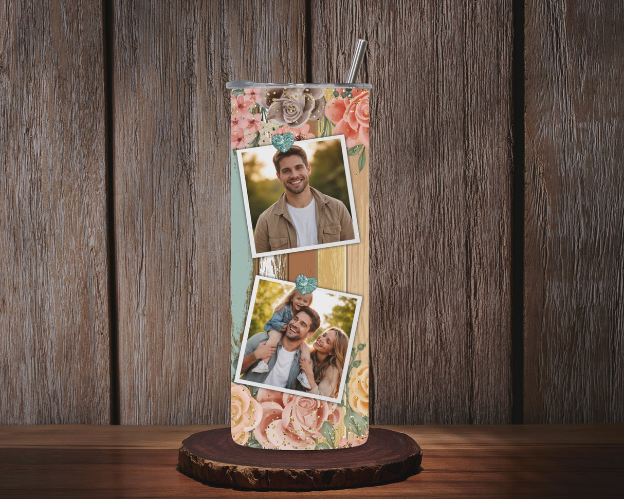 Tumbler personnalisé 6 photos + texte cœur – 20 oz (591 ml)