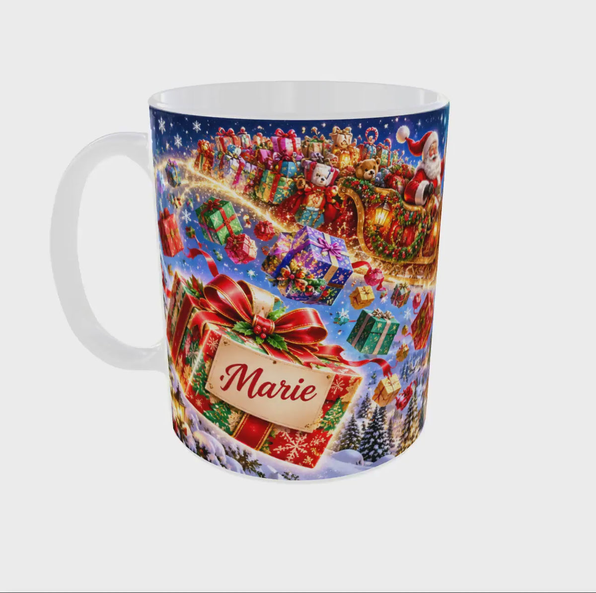 Ton Prénom sur le Cadeau du Père Noël : Mug Personnalisé Traîneau et Rennes Magiques