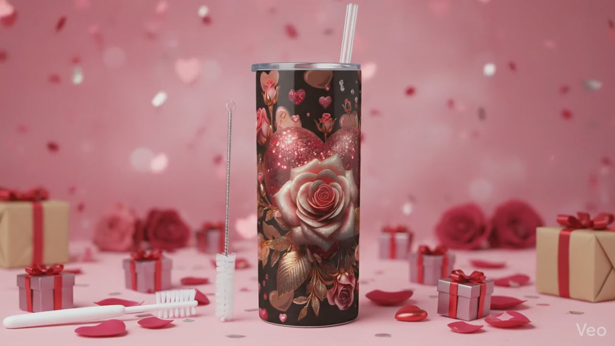 Tumbler isotherme rose éternelle et cœur rouge – 20 oz (591 ml)