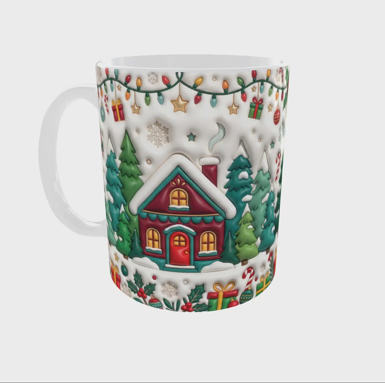 Vidéo 360° du mug de Noël chalet enneigé, sapins et guirlande lumineuse effet 3D, mug céramique 11 oz imprimé en France