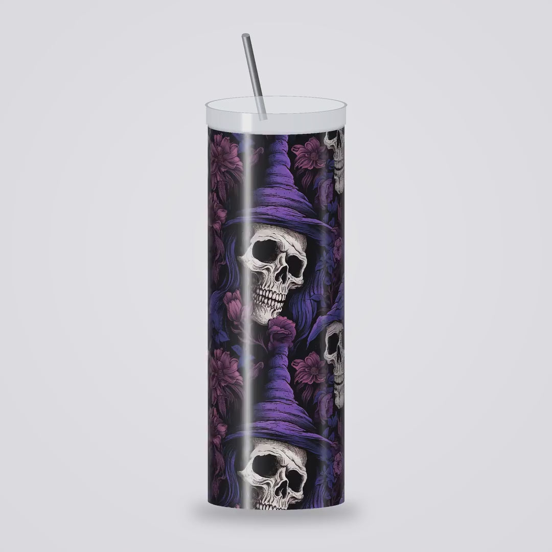 Vidéo 360° du tumbler Halloween crânes de sorcière et fleurs violettes, gobelet isotherme inox 20 oz avec paille