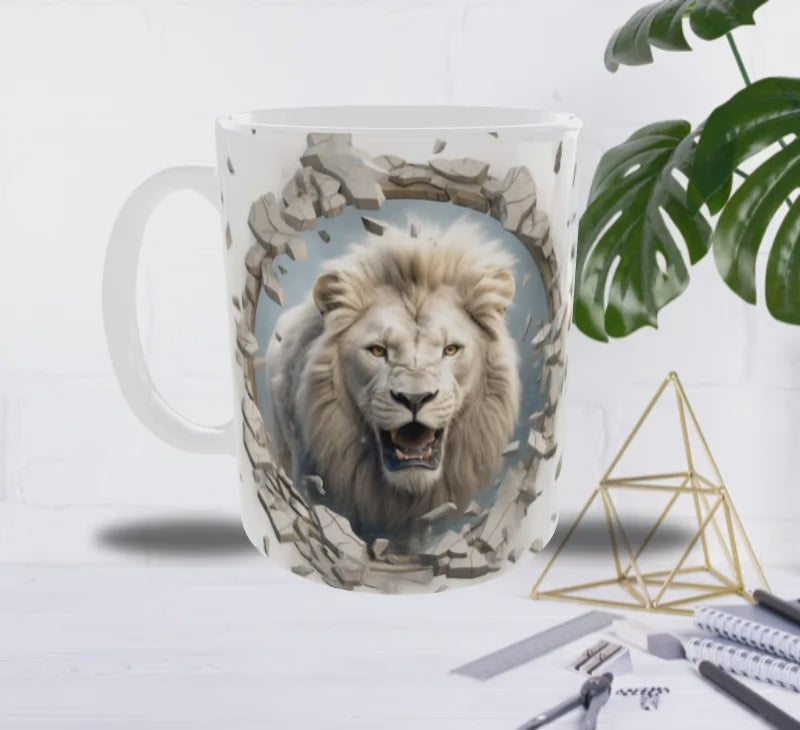 Mug Lion Blanc 3D — L’Éclat du Roi qui Traverse le Mur