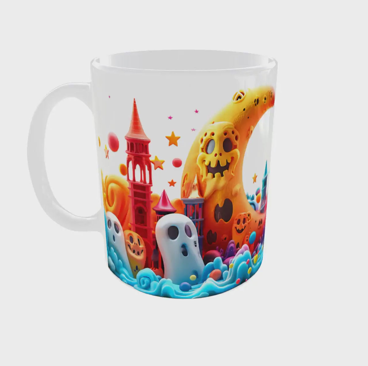 Vidéo 360° du mug Halloween en céramique avec fantômes, châteaux et lune aux citrouilles en effet 3D sur tout le tour