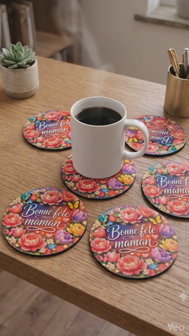 video lot de 4 dessous de verre bonne fete maman avec cafe fumant