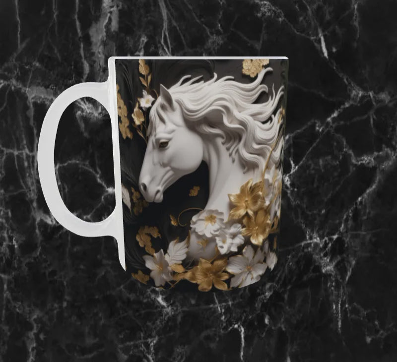 🐎 Mug “Cheval Blanc & Fleurs d’Or” – Élégance Équine ✨