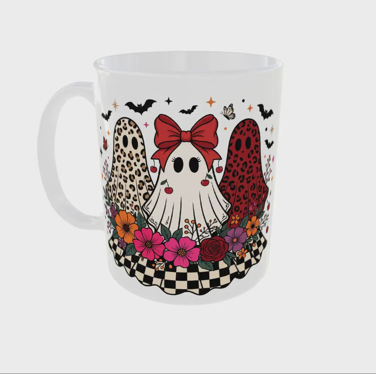Vidéo 360° du mug Halloween fantômes léopard avec nœud rouge et cerises, mug céramique 11 oz imprimé en France