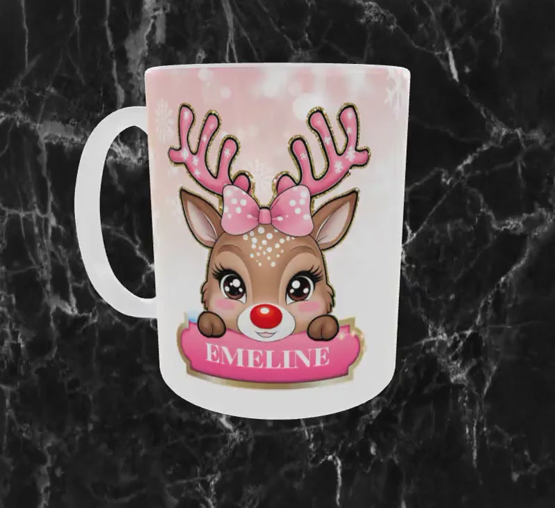 Mug Personnalisé Noël – Adorable Petit Renne Rose 🦌✨