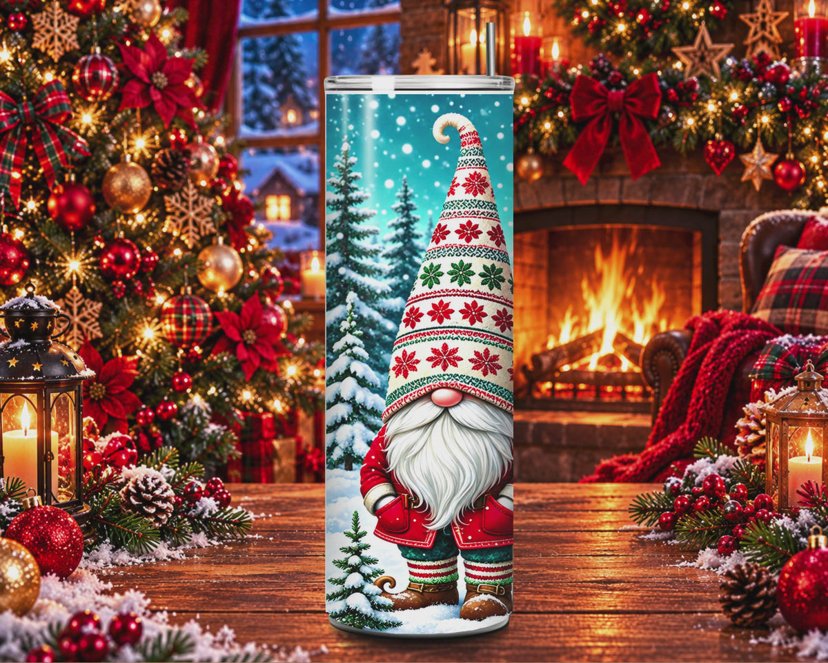 Tumbler Noël 3 Gnomes – Inox 20 oz avec Paille, Sapins Enneigés