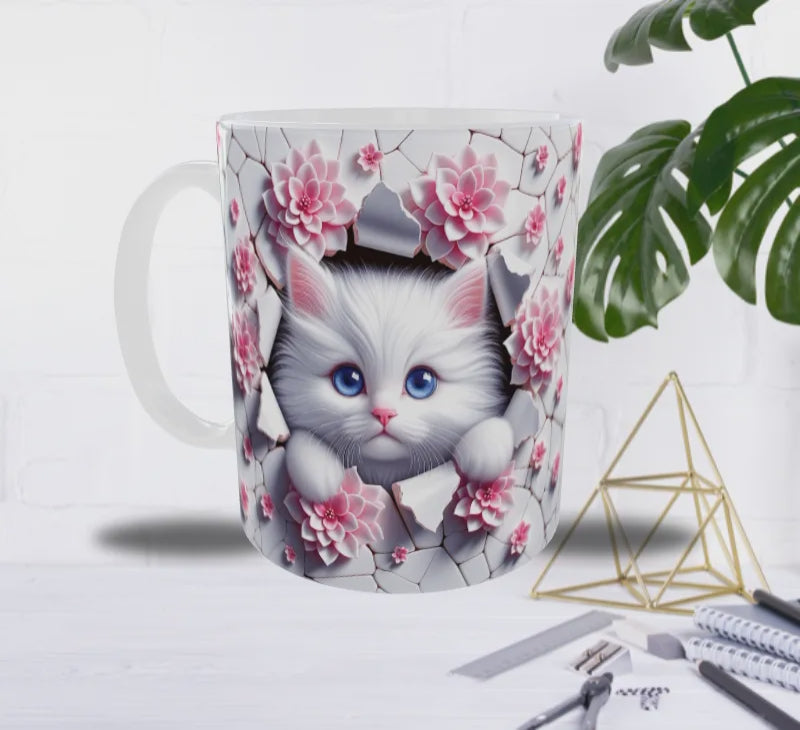 Mug Sublimation – Chaton Magique au Mur Fleuris