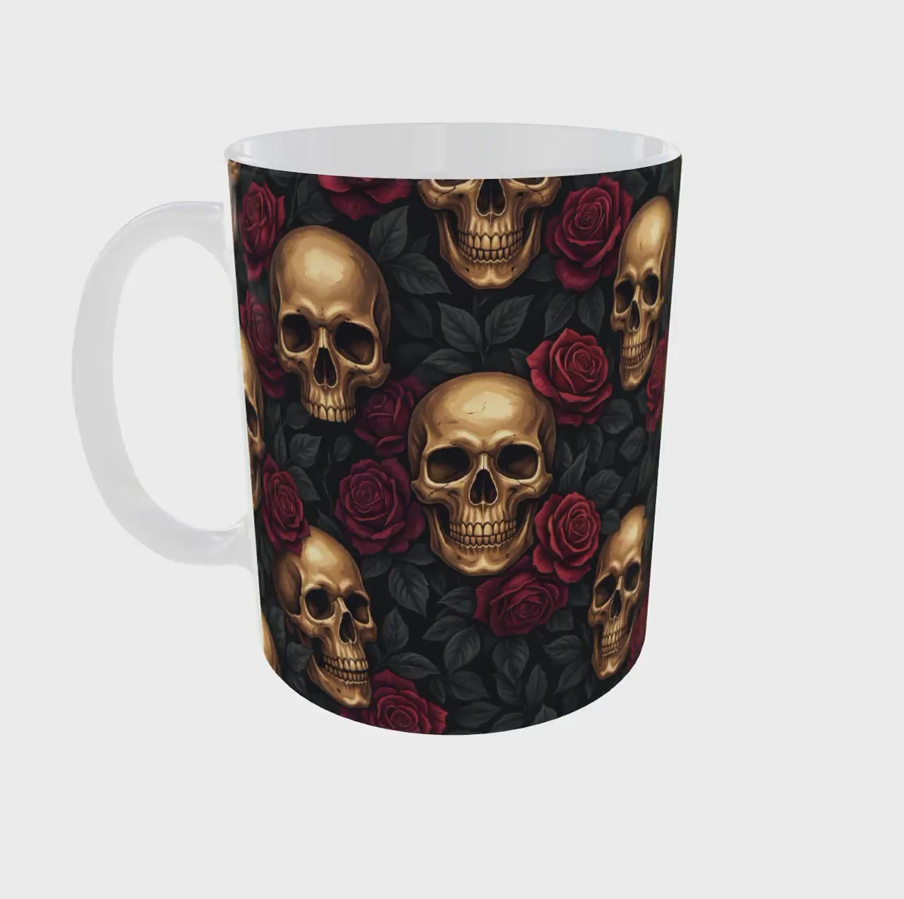 Vidéo 360° du mug tête de mort crânes dorés et roses rouges, mug gothique en céramique 11 oz imprimé en France
