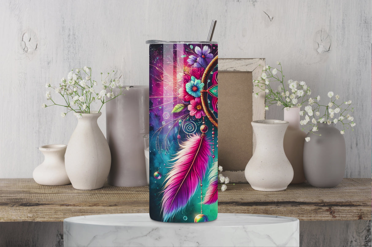 Tumbler Isotherme 20 oz “Mandala Bohème” – Plumes, Fleurs & Papillon (591 ml)