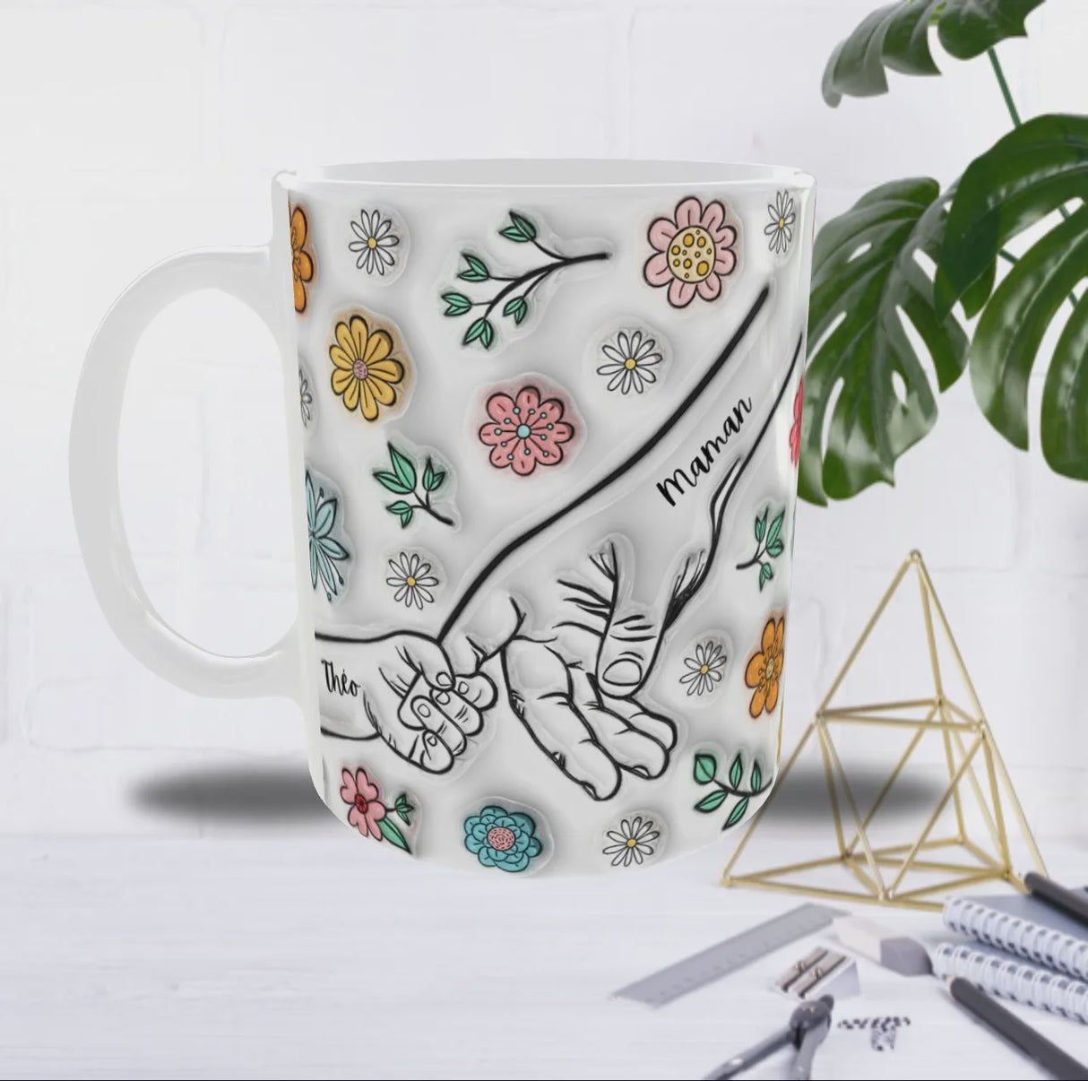 Mug Personnalisé “Main dans la Main” – Texte (Maman/Papa…) & Prénom au Choix – Sublimation Fleurie