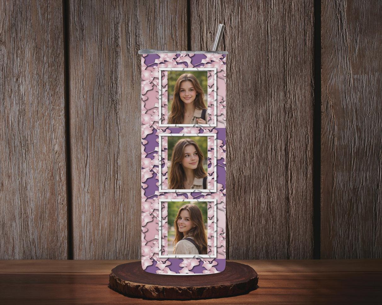 Tumbler personnalisé floral – 6 photos + texte au centre (20 oz / 591 ml)