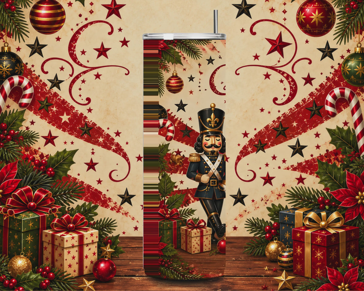 Vidéo 360 degrés du tumbler Joyeux Noël 20 oz inox avec soldats casse-noisette vintage, paille et couvercle transparent