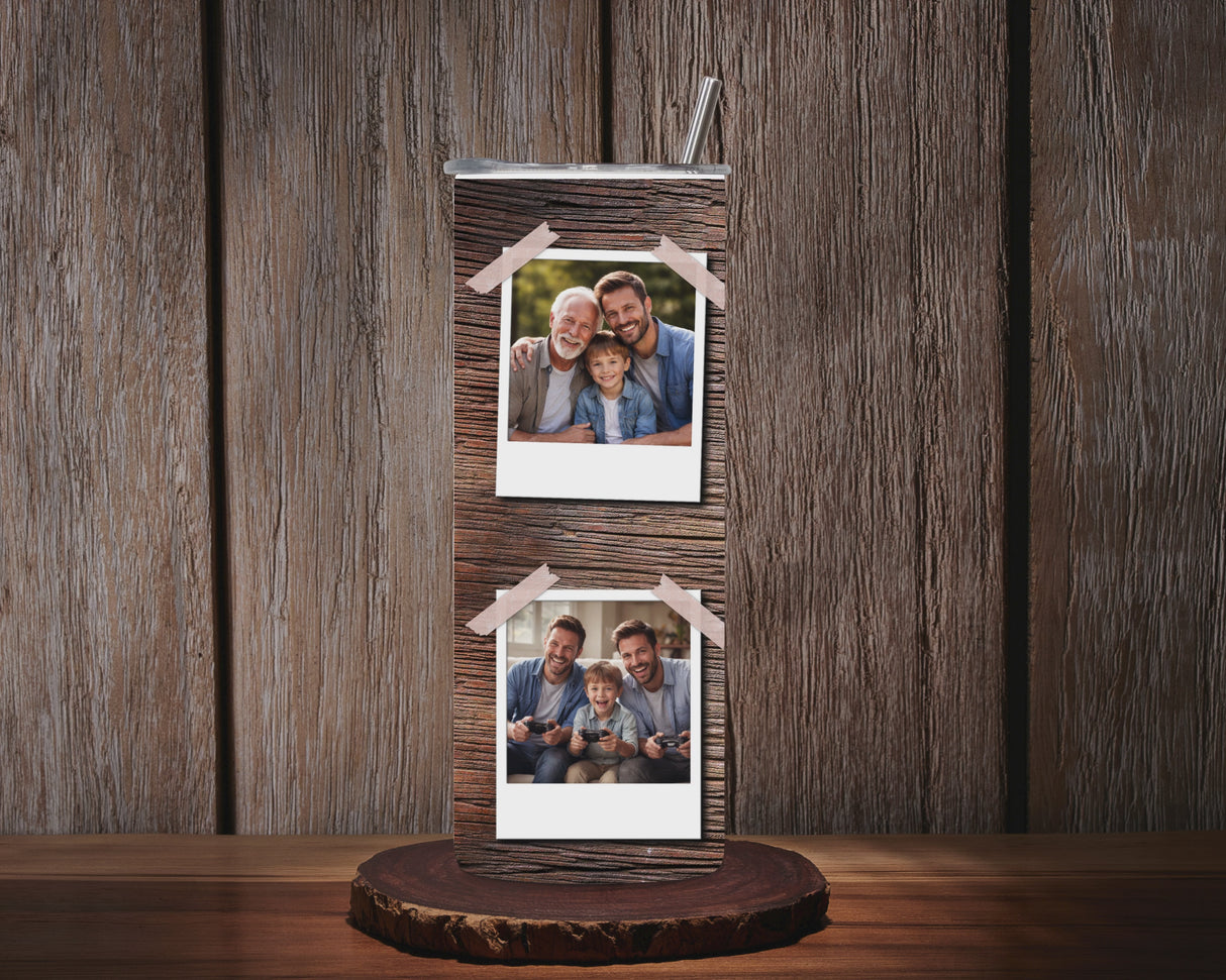 Tumbler personnalisé fond bois – 6 photos (20 oz / 591 ml) + paille & goupillon