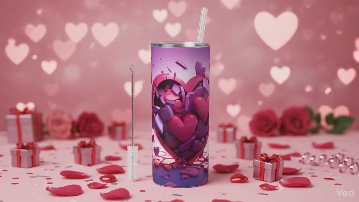 Tumbler isotherme cœur 3D rose et violet – 20 oz (591 ml)