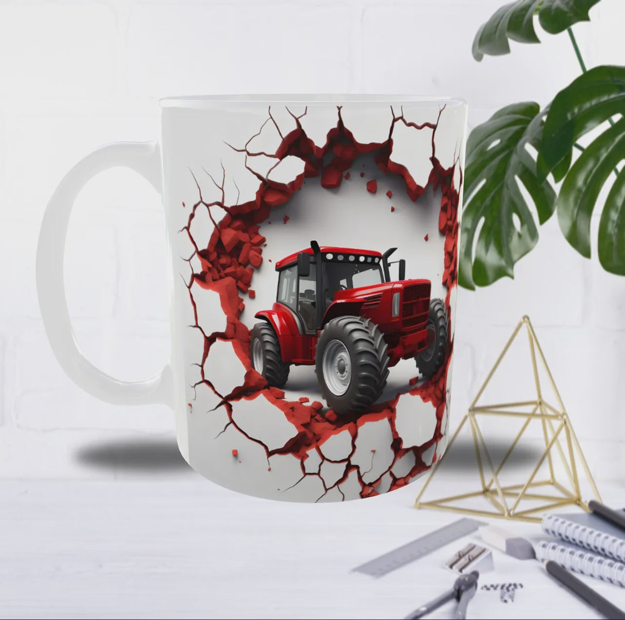 Mug Tracteur Rouge Brise-Mur – Sublimation HD Effet 3D sur Mur Blanc